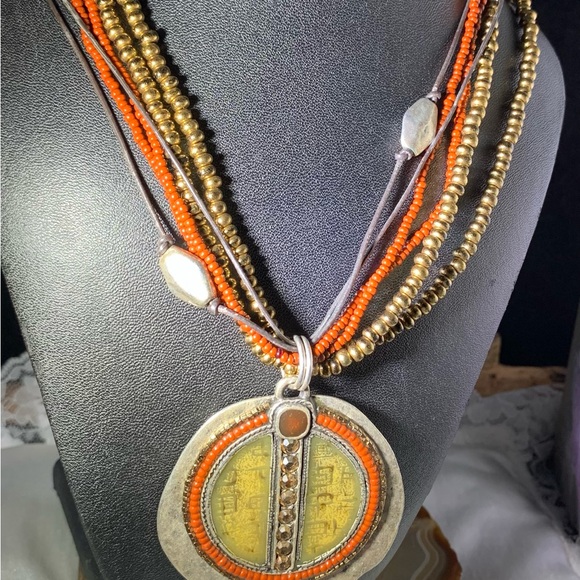 Chico's Red Rust and Gold Multi Strand Rhinestone Pendant Necklace - Picture 3 of 4